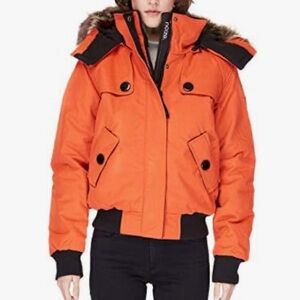 NOIZE Bomber Jacket, Women's Winter Coat, Faux Fur Hooded Parka, Orange Medium
